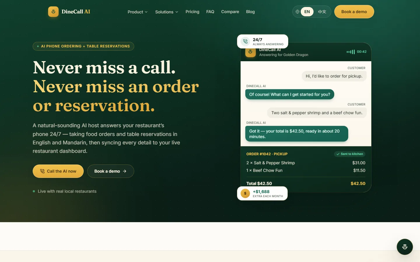 DineCall AI home page: an AI host on a call and the live order